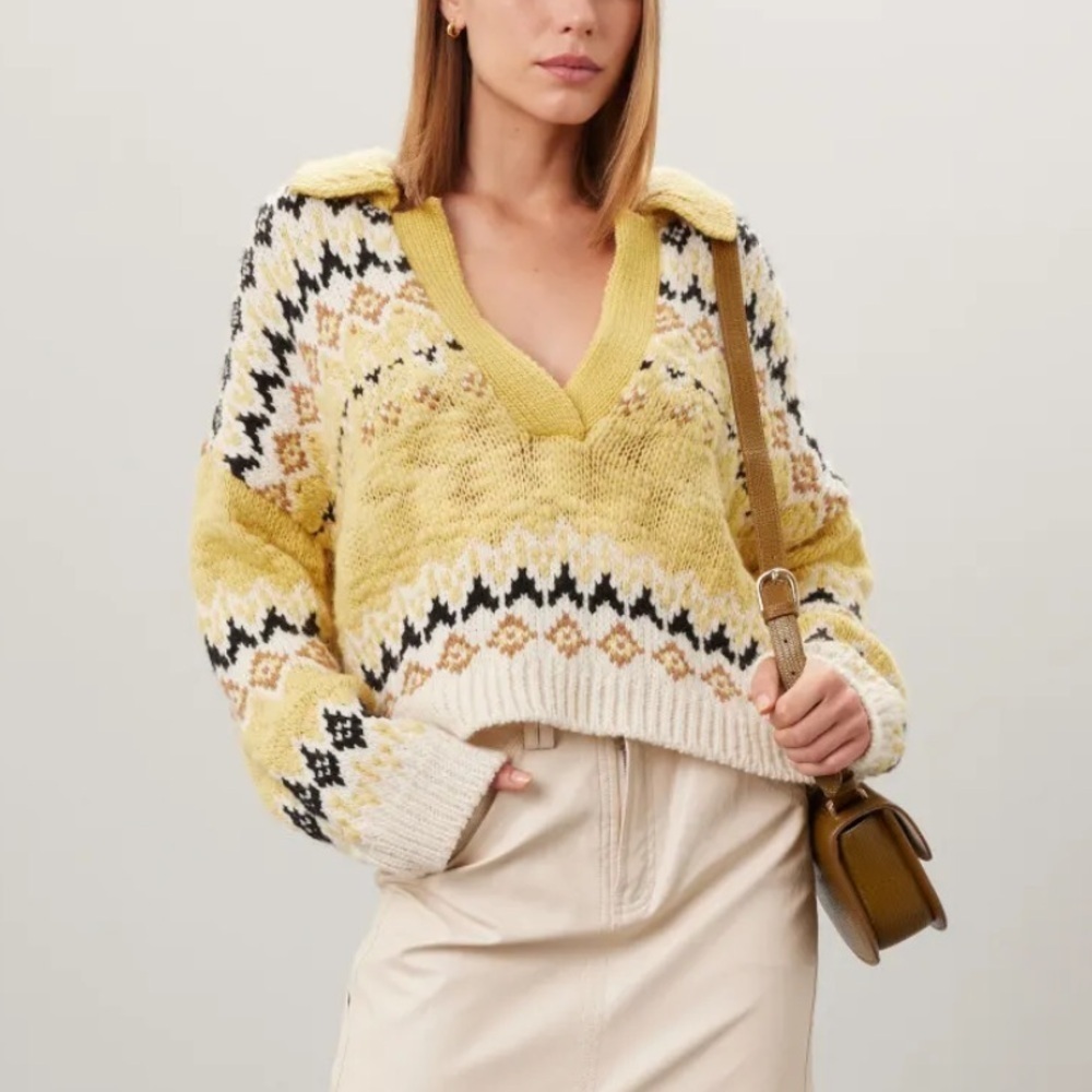 A.L.C Landry Sweater Fare Isle Cropped Johnny Collar Sweater XS Merino Wool